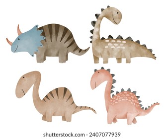 Watercolor colorful cute dinosaurs illustration.