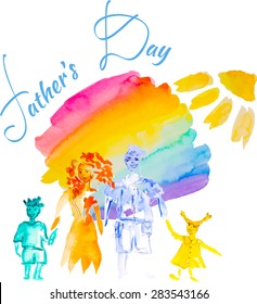 watercolor colorful family: mother, father, son, daughter against the backdrop of a rainbow