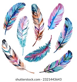 Watercolor colorful feather isolated on white, vector set 