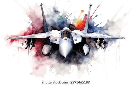 watercolor colorful fighter jet on white background