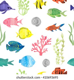 Watercolor colorful fish seamless pattern. Underwater background. Hand drawn corals, seaweeds and fish isolated on white.