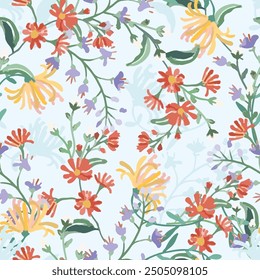 Watercolor colorful flower and green leaf seamless pattern