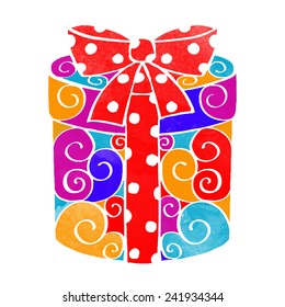 Watercolor colorful gift box with bow closeup isolated on a white background