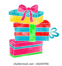 Watercolor colorful gift boxes with bows closeup isolated on a white background