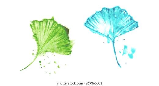 Watercolor colorful ginkgo leaves set