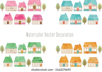 watercolor colorful hand drawn houses and trees