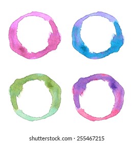 Watercolor colorful hand drawn isolated circles on white background. Vector illustration of brush painted abstract round stains set. Design art element for decor, scrapbook, banner, card, craft, print