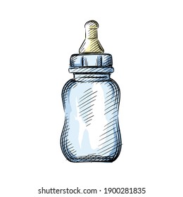 Watercolor Colorful Hand Drawn Sketch Of Baby Milk Bottle With Pacifier On A White Background.  Sketch Of Milk Bottle For Babies. Baby Items.	
