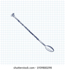 Watercolor colorful Hand drawn sketch of Bar spoon on a white background. Black and white sketch of long thin spoon for drinks making. Bar inventory	