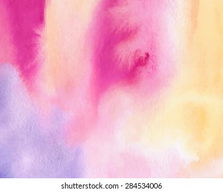 Watercolor colorful hand drawn smudges paper texture. Abstract vector pink yellow violet background. Wet brush painted streaks illustration. Design card, banner, template, decoration, print, wallpaper