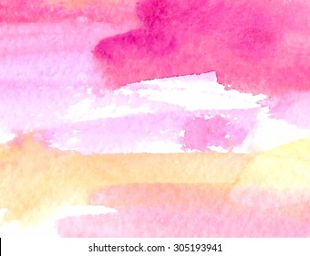 Watercolor colorful hand drawn strokes paper torn texture. Pink yellow white vector illustration. Wet brush painted abstract background. Water design element for print, web, decoration, banner, cover