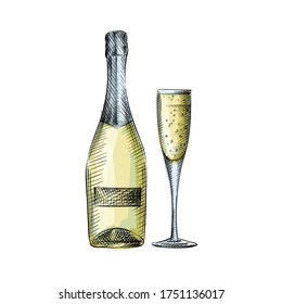 Watercolor Colorful Hand-drawn Sketch Of Champagne And A Glass. Wedding Accesories And Attributes. 