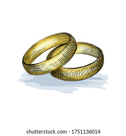 Watercolor Colorful Hand-drawn Sketch Of Gold Engagement Rings. Wedding Accesories And Attributes. 