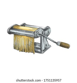 Watercolor colorful Hand-drawn sketch of pasta making machine. Pasta and spaghetti. 