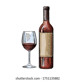 Watercolor colorful Hand-drawn sketch of a red bottle of whine with a glass of wine on a white background. Bottle of red, white, pink wine. Wine glass. Bottle of wine for a picnic	