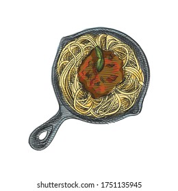 Watercolor colorful Hand-drawn sketch of spaghetti with tomato and meat on a pan. Pasta and spaghetti. 