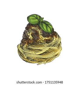 Watercolor colorful Hand-drawn sketch of spaghetti with meat and green basil leaf. Pasta and spaghetti. 