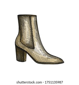 Watercolor colorful Hand-drawn sketch of women shoes. Ankle booties on medium heel. Stylish and fashionable shoes. Shoes for walking. Feet accessories.	