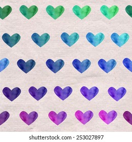 watercolor colorful hearts on paper vector seamless pattern background.