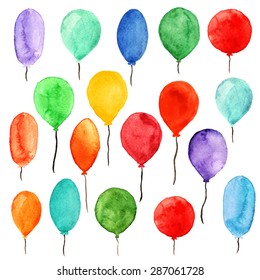 Watercolor colorful holiday sketch balloons set closeup isolated on white background. Hand painting on paper