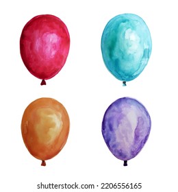 Watercolor colorful holiday sketch realistic balloons set closeup isolated on white background. Hand painting