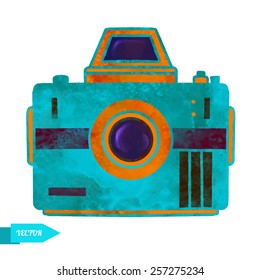Watercolor colorful icon photo camera closeup isolated on white background 
