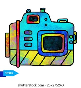 Watercolor colorful icon photo camera closeup isolated on white background 