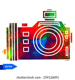 Watercolor colorful icon photo camera closeup isolated on white background 