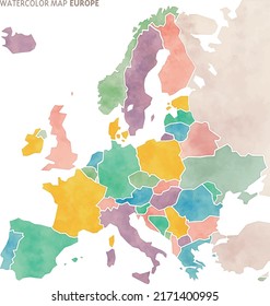 Watercolor colorful map of Europe