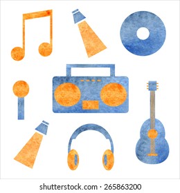Watercolor colorful musical icons set for design
