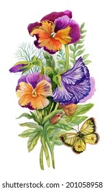 Watercolor colorful pansies with butterfly on white background vector
