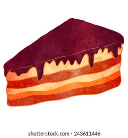 Watercolor colorful pie slice with chocolate closeup isolated on a white background 