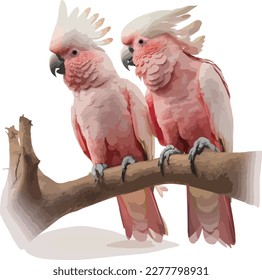 Watercolor Colorful Pink Cockatoos Sitting On a Tree