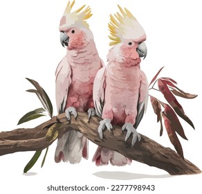 Watercolor Colorful Pink Cockatoos Sitting On a Tree