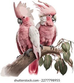 Watercolor Colorful Pink Cockatoos Sitting On a Tree