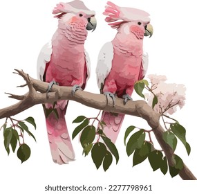 Watercolor Colorful Pink Cockatoos Sitting On a Tree