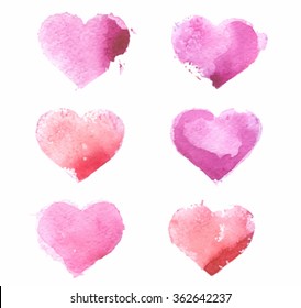 Watercolor colorful red pink hand drawn paper texture isolated hearts set on white background. Wet brush paint art design element for greeting card, invitation, decoration, scrapbook, valentines day