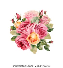 watercolor colorful rose bouquets in various shades of pinks and whites free vector, light green and yellow, circular shapes, isolated on white background