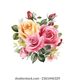 watercolor colorful rose bouquets in various shades of pinks and whites free vector, light green and yellow, circular shapes, isolated on white background