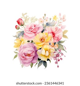 watercolor colorful rose bouquets in various shades of pinks and whites free vector, light green and yellow, circular shapes, isolated on white background