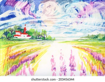 Watercolor colorful Rural scene vector