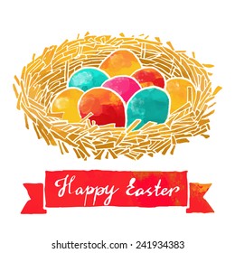 Watercolor colorful set easter eggs in nest, ribbon, text happy easter closeup isolated on a white background