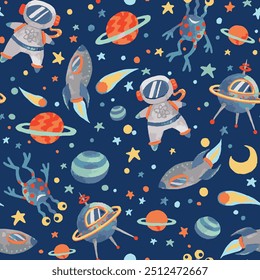 watercolor colorful space planets stars kid astronauts aliens spacecraft illustration seamless pattern wallpaper background repeat print textile fabric vector artwork