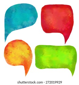 Watercolor colorful speech bubbles, frames set. Green, blue, orange, red isolated on white background 