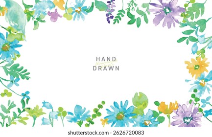 Watercolor. Colorful spring petals frame with watercolor touch. Vector illustration of colorful flowers.