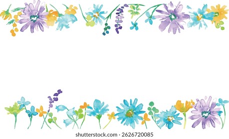 Watercolor. Colorful spring petals frame with watercolor touch. Vector illustration of colorful flowers.