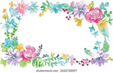 Watercolor. Colorful spring petals frame with watercolor touch. Vector illustration of colorful flowers.