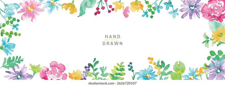 Watercolor. Colorful spring petals frame with watercolor touch. Vector illustration of colorful flowers.