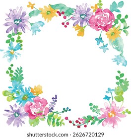 Watercolor. Colorful spring petals frame with watercolor touch. Vector illustration of colorful flowers.