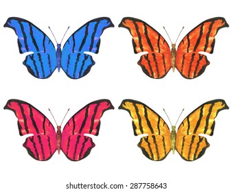 Watercolor colorful striped butterflies set closeup isolated on white background. Hand painting on paper